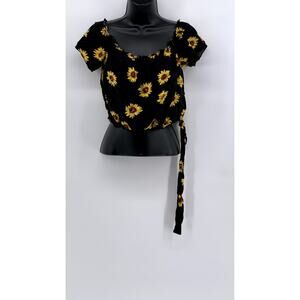 SHEIN CURVE Women's Plus Black Sunflower Crop Top SZ 0X